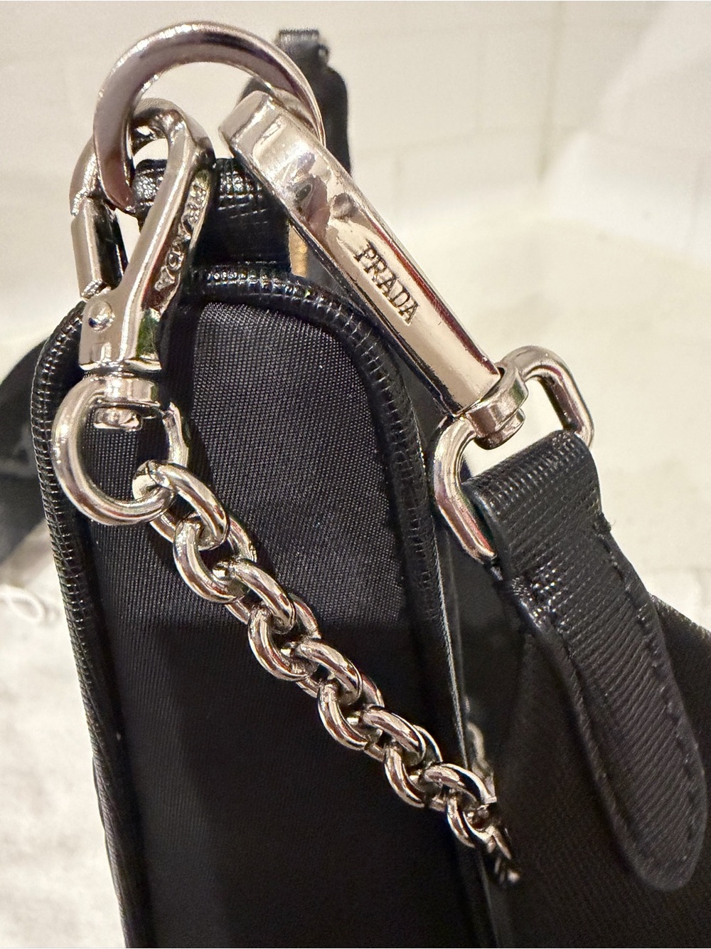Prada Black Nylon Shoulder Bag with Silver Chain & Detachable Strap - Picture 5 of 9